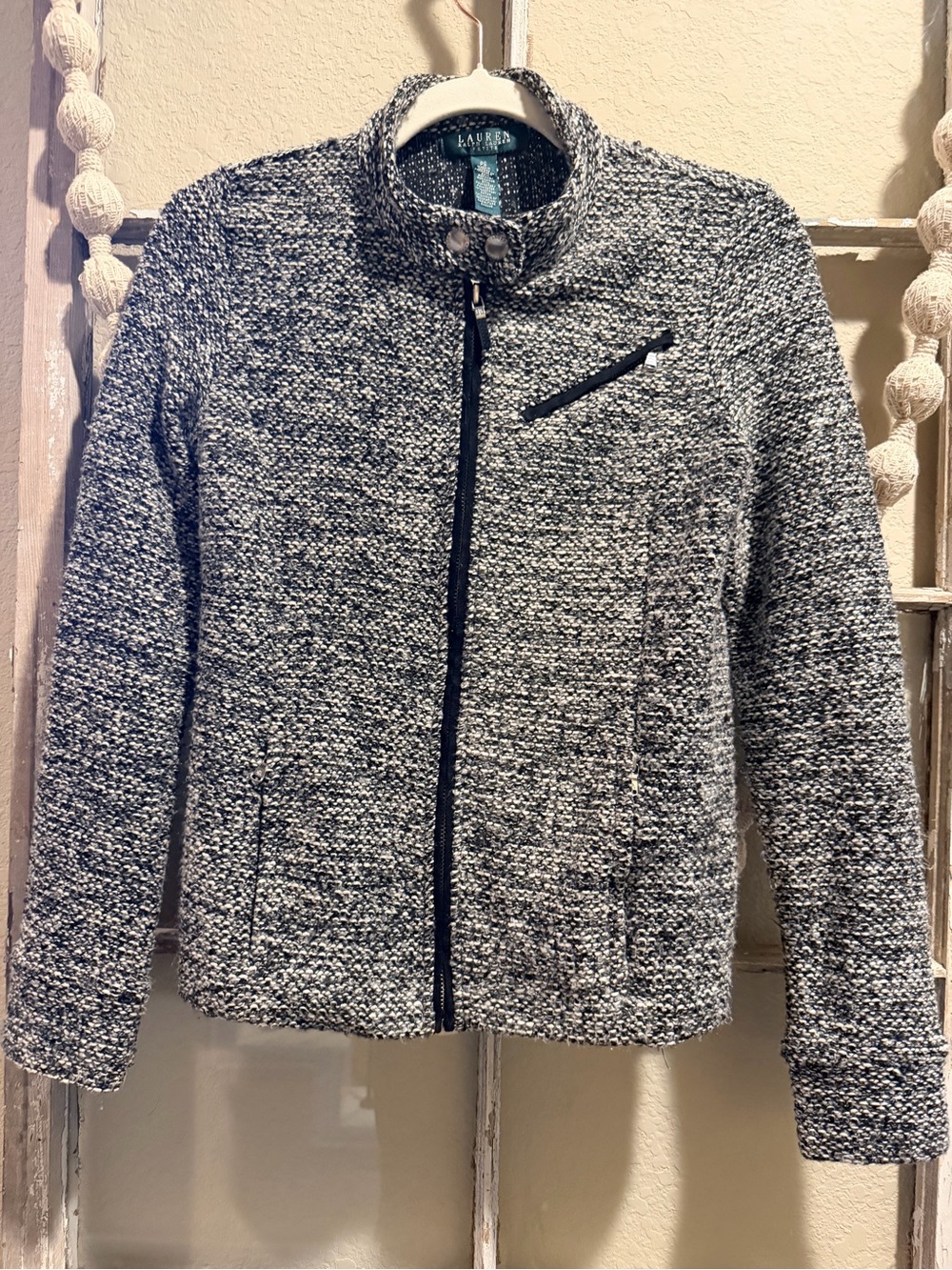 Ralph Lauren Black & White Tweed Zip-Up Blazer